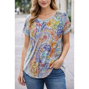 Jillian Nicole Top Medium NWT Colorful Paisley Print Short Sleeve Gray Blouse‎